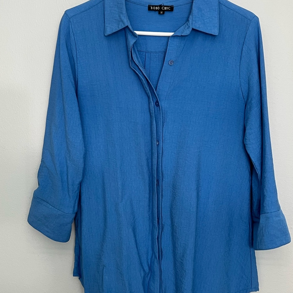 BOHO CHIC 3/4 Sleeve Women's Button Up Top, Blue, M